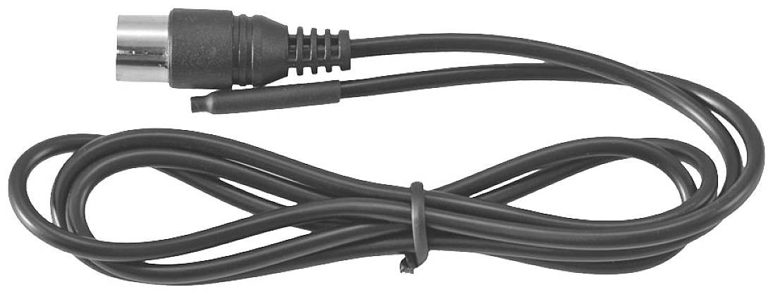 Ein schwarzes Kabel mit einem runden Stecker.