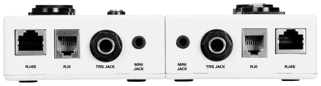 Zwei weiße Audiogeräte mit Anschlüssen: RJ45, RJ11, TRS- und Miniklinke. Sie stehen nebeneinander und zeigen die Rückseite.