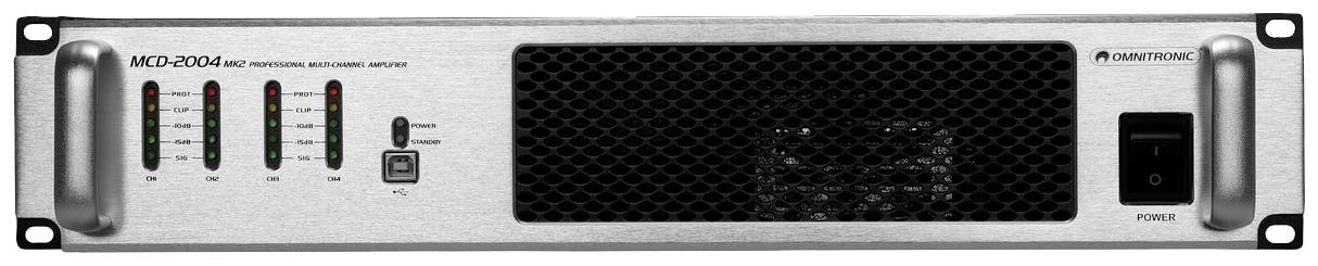 Ein professioneller Audioverstärker mit mehreren Lautstärkereglern und einem Netzschalter auf der Vorderseite.