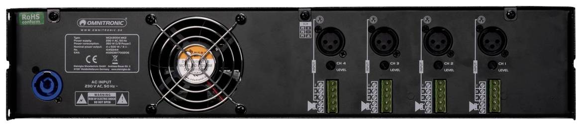 Rückseite eines Verstärkers mit Lüfter, verschiedenen Anschlussbuchsen und Typenbezeichnung.