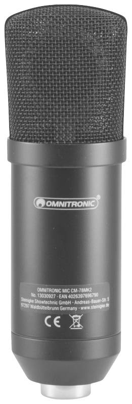 Ein schwarzes Kondensatormikrofon der Marke Omnitronic mit Metallgitter oben, geeignet für Tonaufnahmen im Studio.