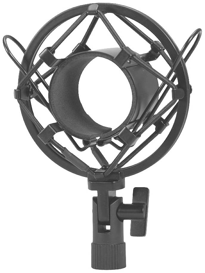 Ein Mikrofon-Schwinghalter, der Vibrationen dämpft. Geeignet für verschiedene Mikrofontypen, nützlich in Studioaufnahmen.