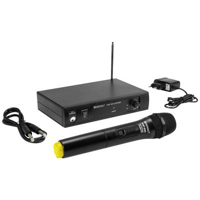 Ein kabelloses Mikrofon-Set mit Empfänger, Mikrofon, Netzteil und Kabeln. Geeignet für Audioübertragungen bei Veranstaltungen.