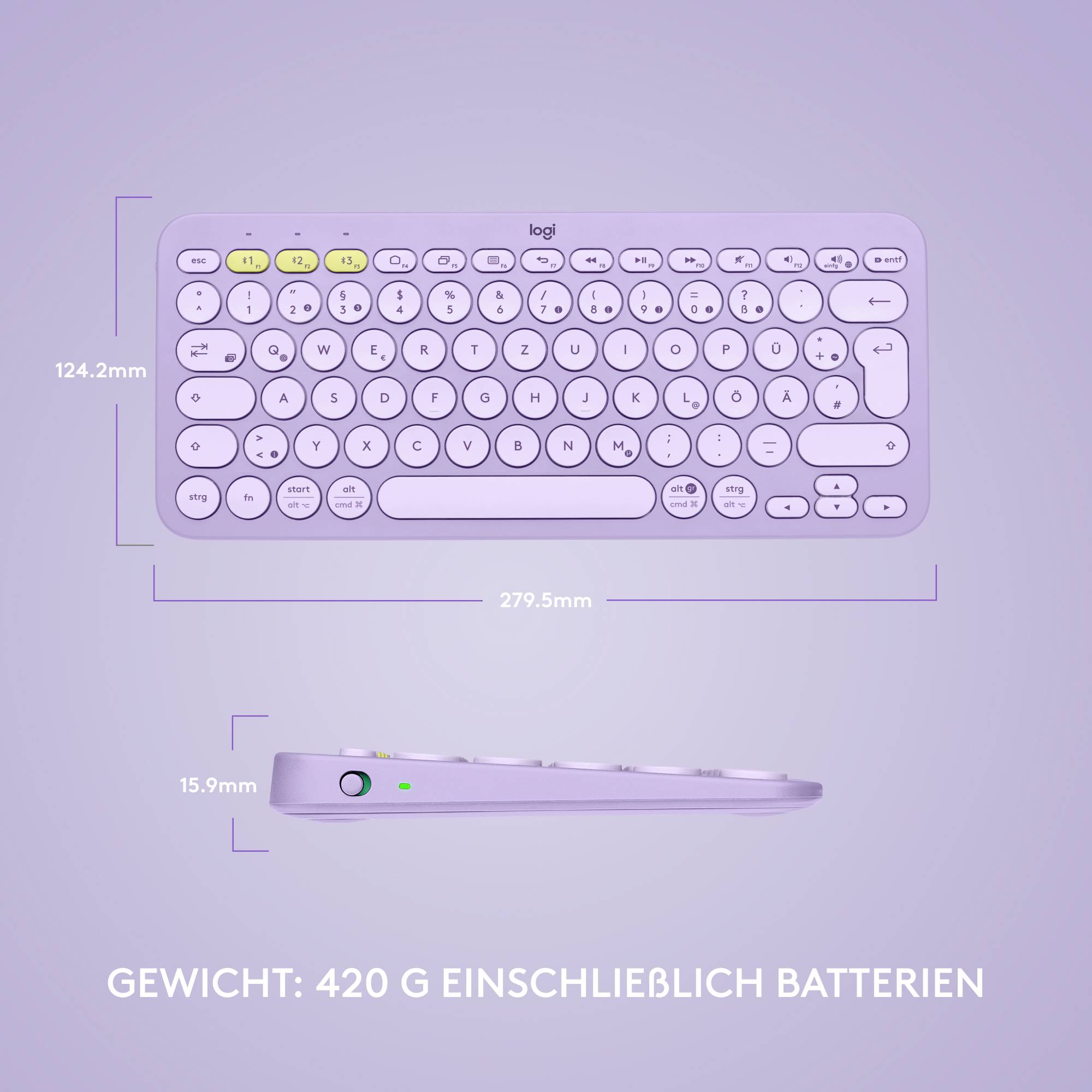 Logitech K380, Mini, Kabellos, Bluetooth, QWERTZ, Lavendel-7