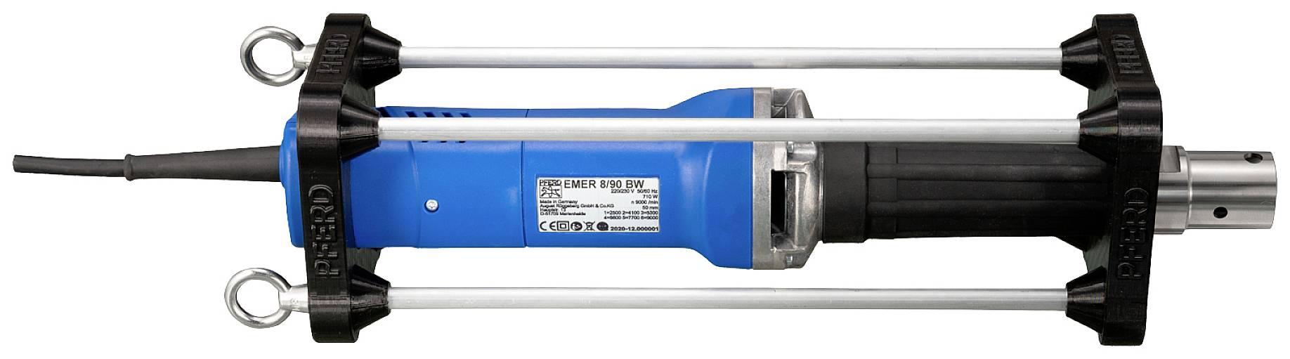 Blauer Stabmixer mit Edelstahlaufsatz und schwarzem Griff, seitlich liegend, geeignet für den industriellen Einsatz.