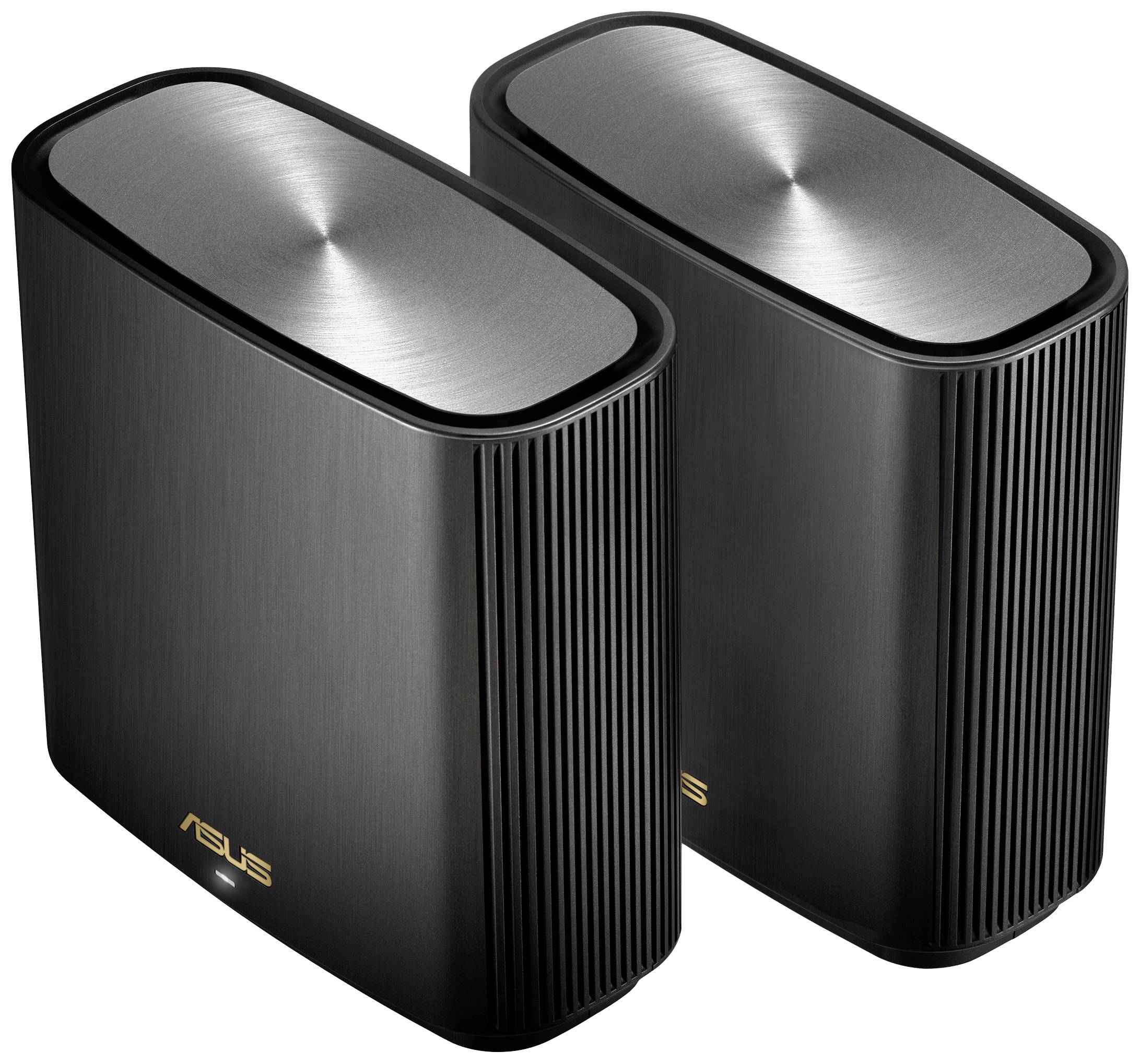 Zwei schwarze, rechteckige Router mit Asus-Logo, nebeneinander stehend. Sie haben eine glatte, metallene Oberseite.