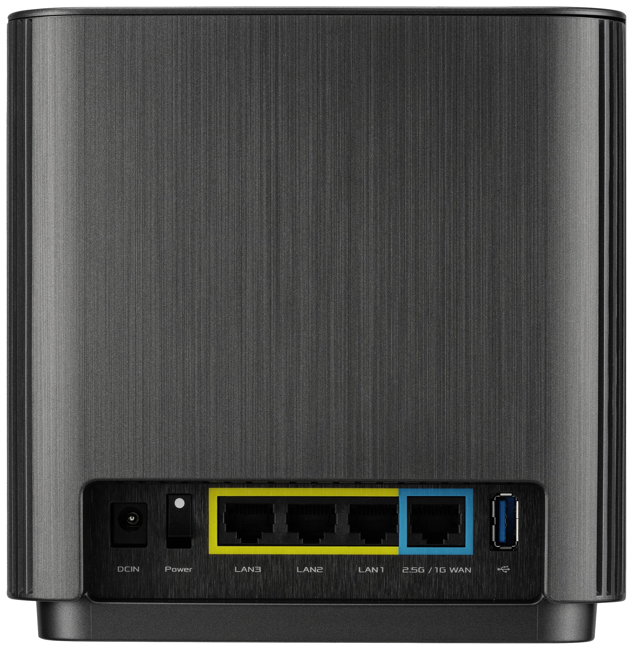 Schwarzer Router von hinten mit vier LAN-Anschlüssen, einem WAN-Anschluss, einem USB-Port und einem Stromanschluss unten.