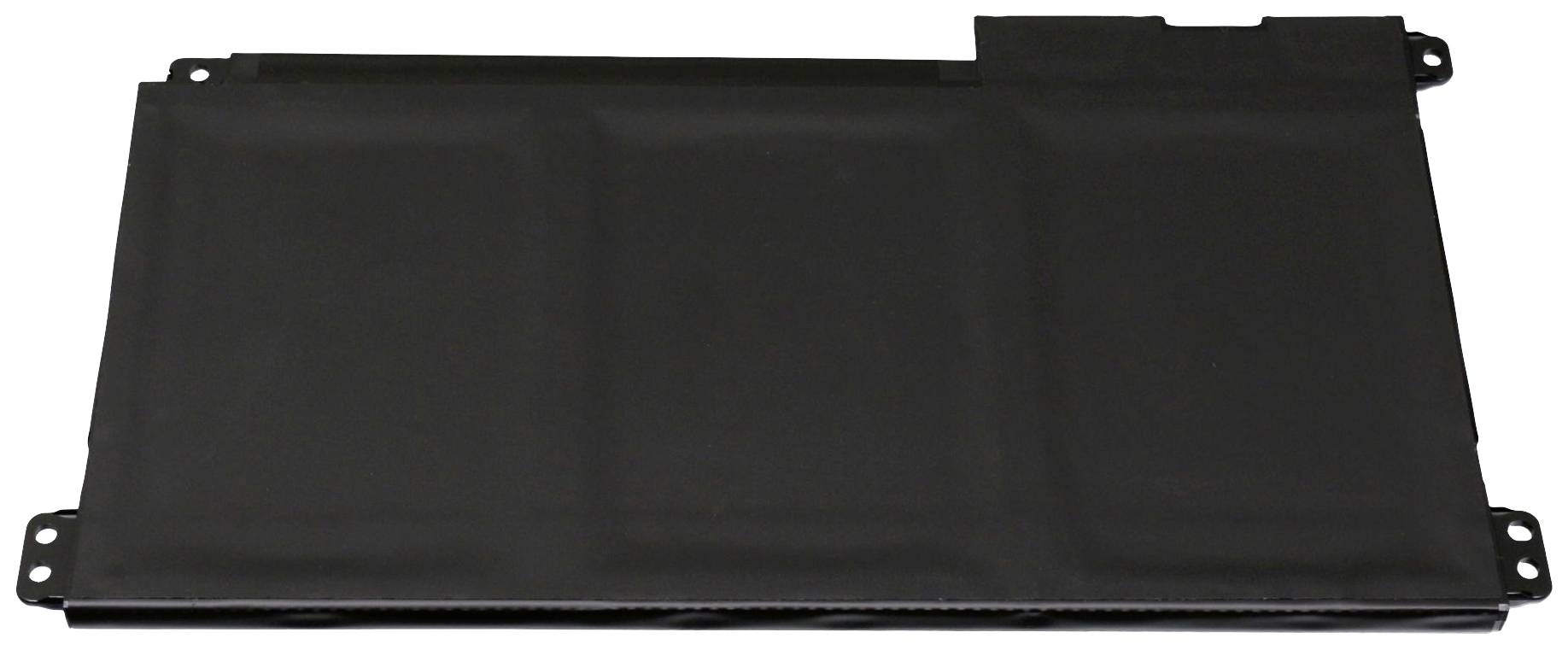 Ein Laptop-Akku auf weißem Hintergrund. Rechteckige Form, flach und schwarz, mit Anschlüssen an einer Seite. Geeignet für Elektronik.