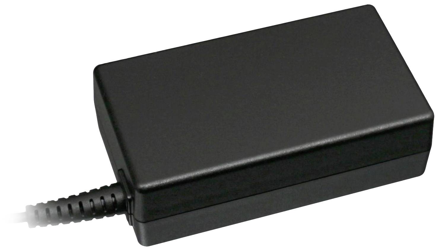 Schwarzes, rechteckiges Netzteil mit Kabel an der linken Seite, verwendet zur Stromversorgung von elektronischen Geräten.
