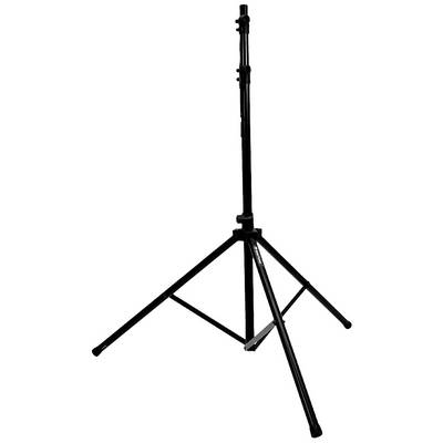 Ein schwarzes, verstellbares Stativ mit drei stabilen Beinen. Es ist für die Unterstützung von Kameras oder Lichtquellen gedacht.