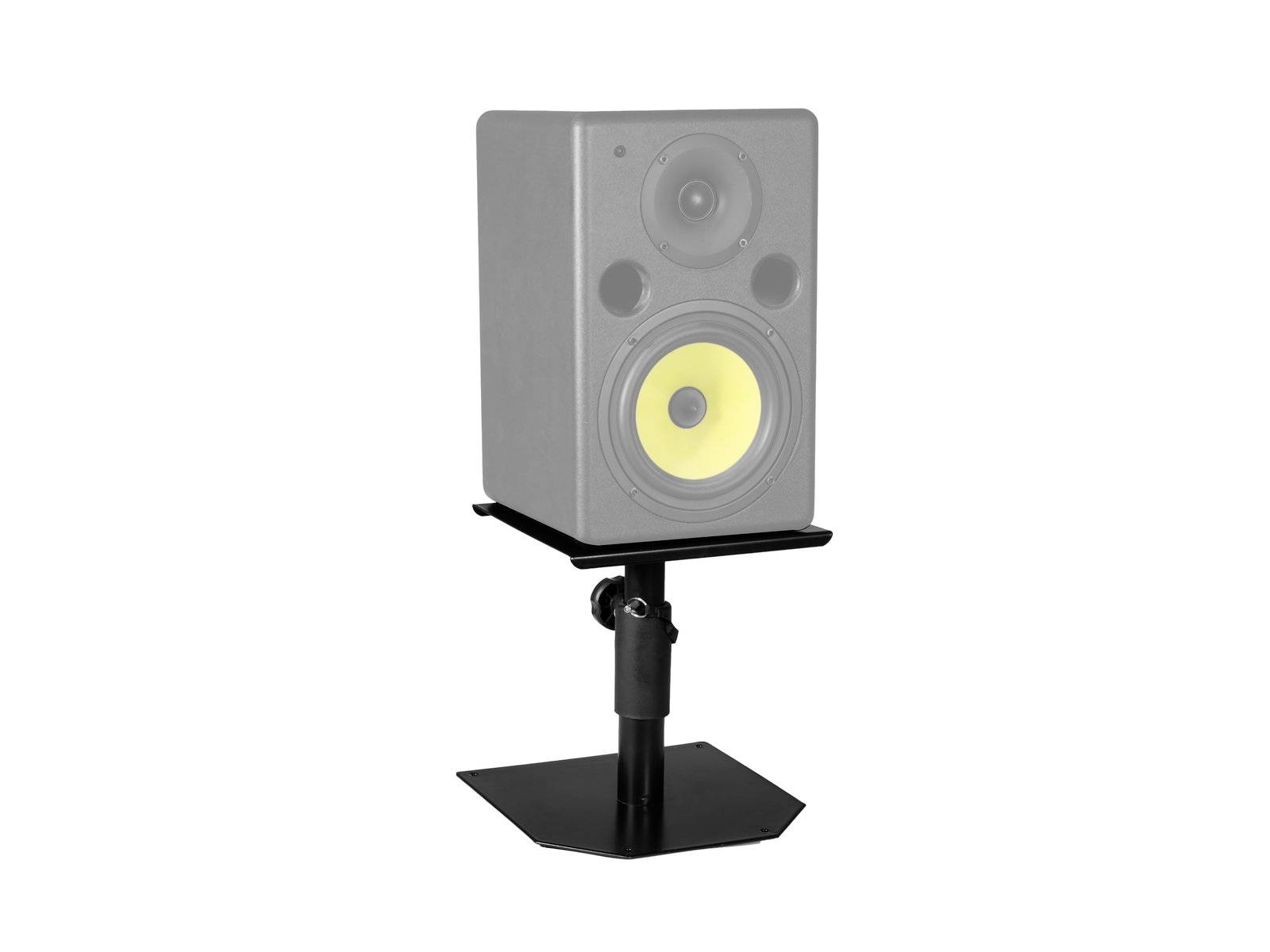 Ein grauer Lautsprecher mit gelbem Tieftöner steht auf einem schwarzen, höhenverstellbaren Ständer.