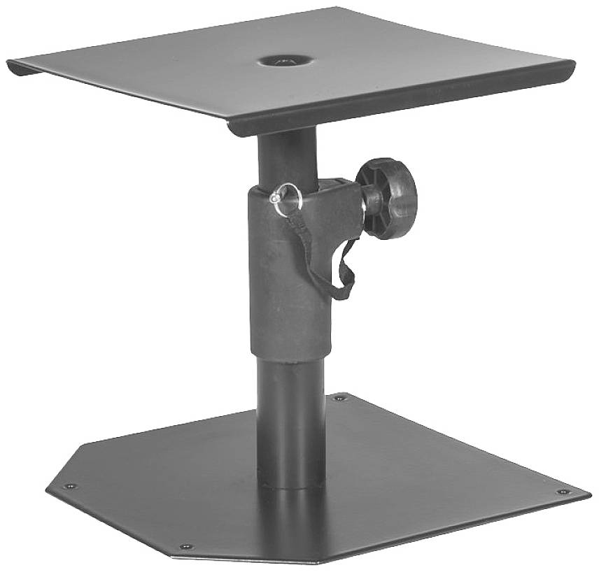 Schwarzes, verstellbares Lautsprecherstativ aus Metall mit sechseckiger Basis und Schraubmechanismus zur Höhenverstellung.