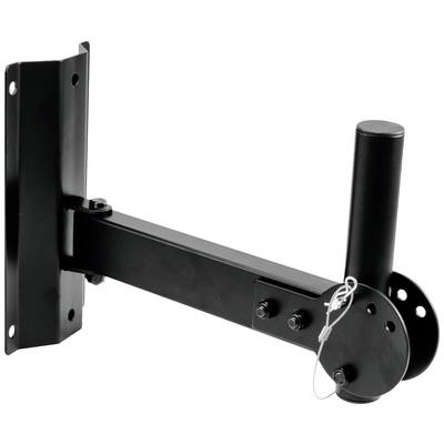 Schwenkbare Wandhalterung aus schwarzem Metall mit Sicherungsstift, geeignet zur Befestigung von Geräten oder Lautsprechern.