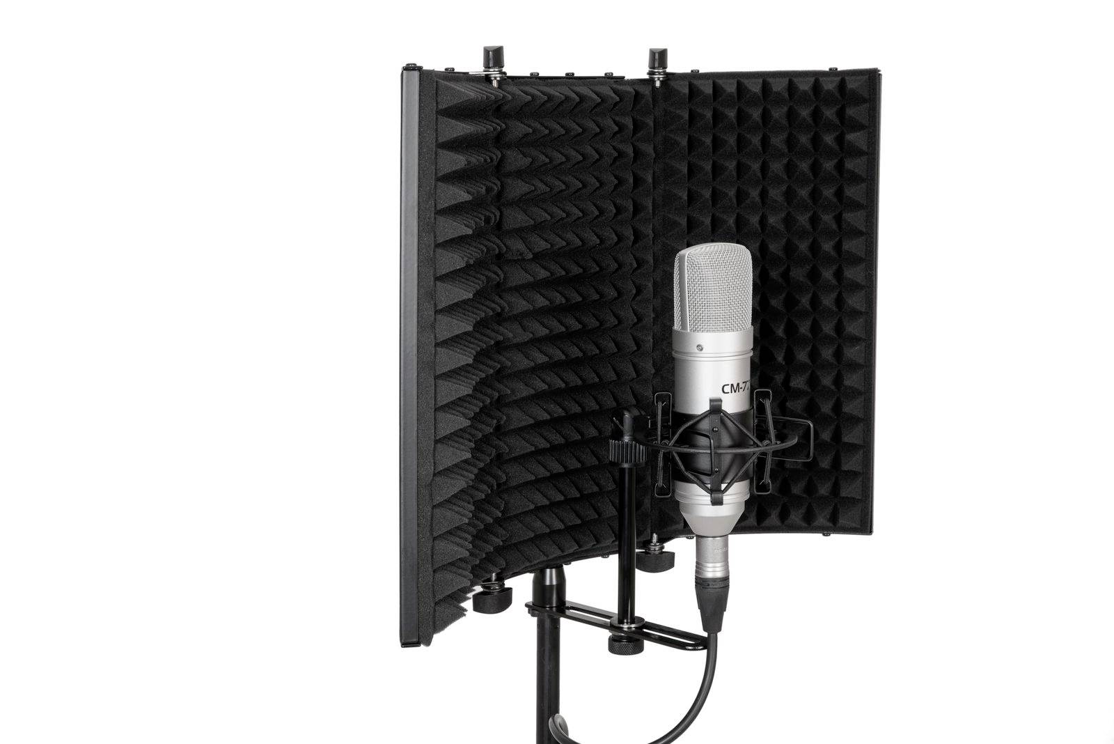 'Ein Mikrofon mit Popschutz und schallabsorbierendem Bildschirm, geeignet für Tonaufnahmen in einem Studio.'
