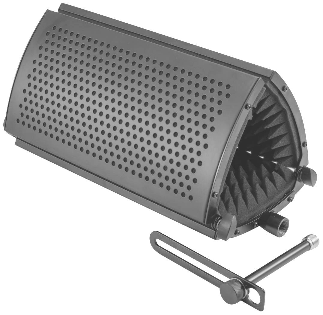 Mikrofon-Abschirmung aus Metall mit löchriger Oberfläche, ideal zur Reduzierung von Umgebungsgeräuschen beim Aufnehmen.