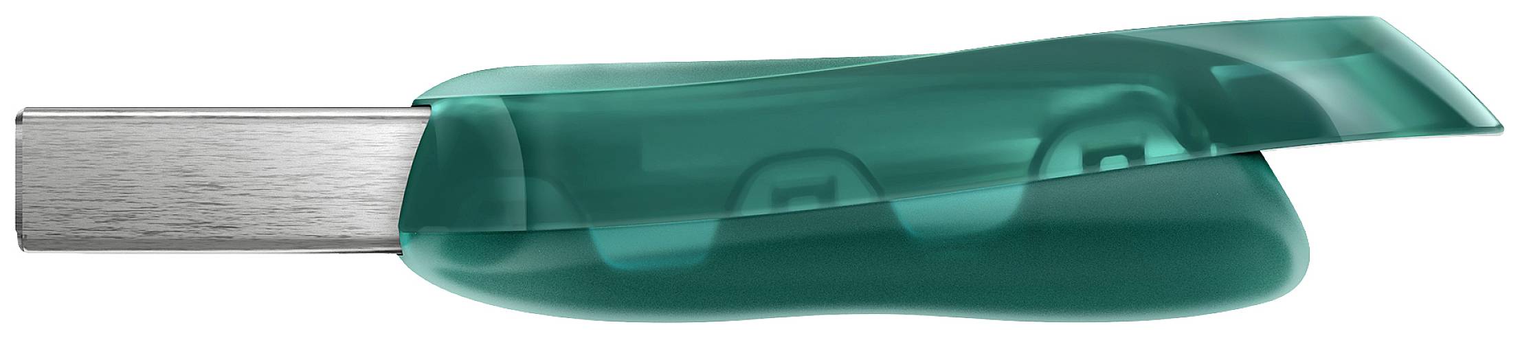 Ein grüner USB-Stick mit transparenter Hülle, seitlich liegend.