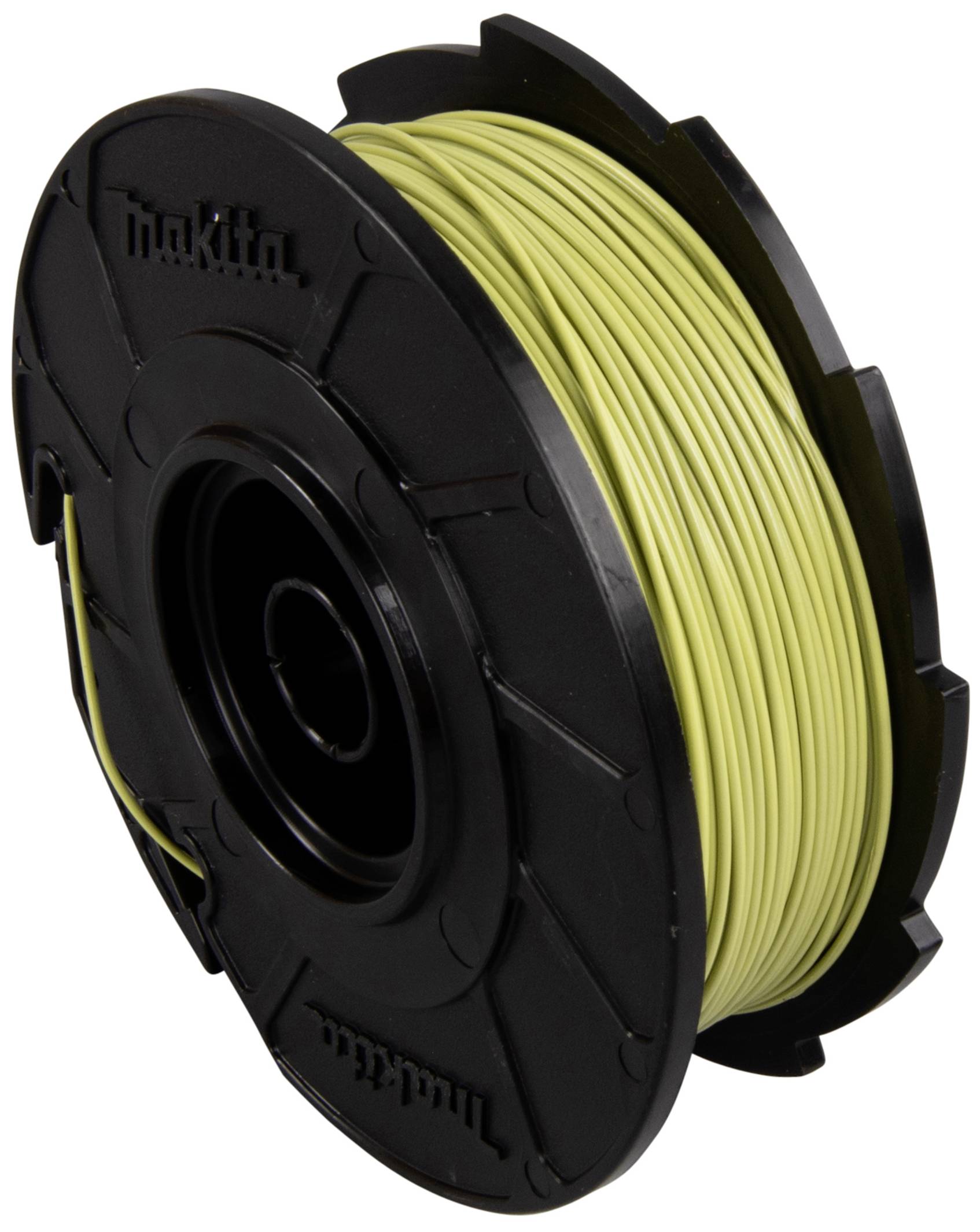 Eine schwarze Spule mit gelbem Kabel, geeignet für die Gartenarbeit oder zum Arbeiten mit Gartengeräten.