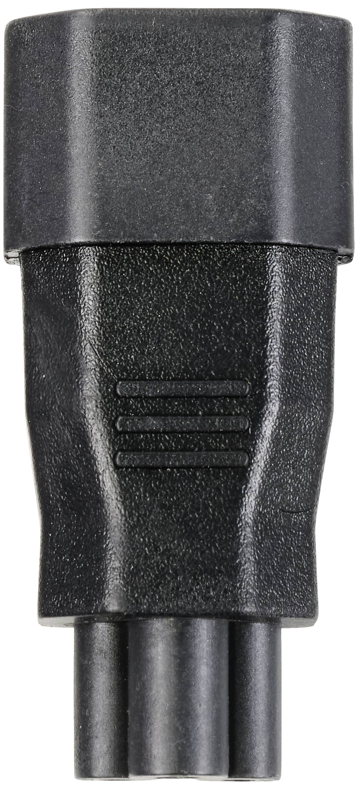 Ein schwarzfarbiger elektrischer Steckeradapter, zylindrisch geformt, mit drei Stiften am unteren Ende und geriffelter Oberfläche.