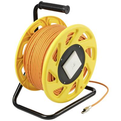 Gelbe Kabeltrommel mit orangefarbenem Netzwerkkabel und schwarzem Griff. Kabel endet in einem Netzwerkkabelstecker.