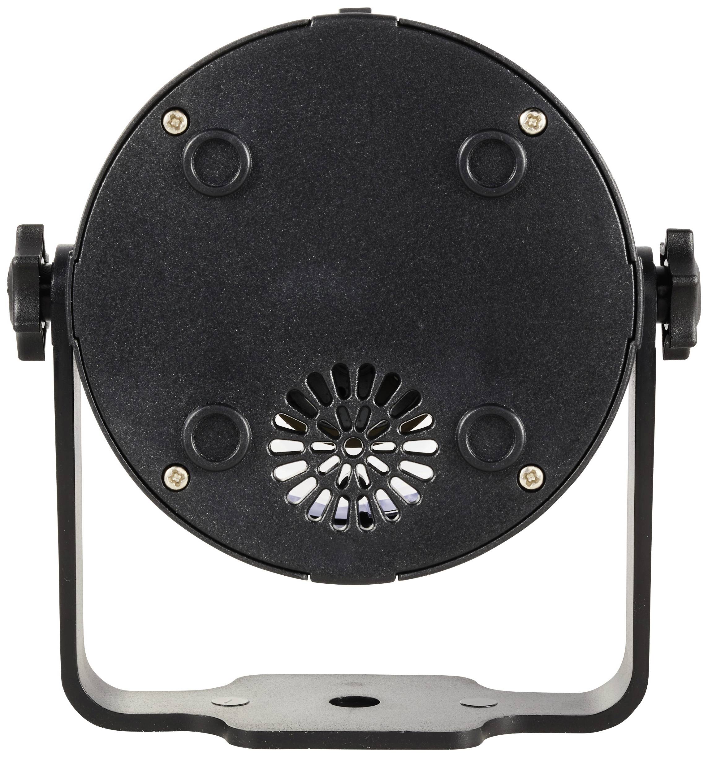 Schwarzer LED-Scheinwerfer, rund, auf Ständer montiert, mit sichtbaren Schrauben und Lüftungsgitter auf der Rückseite.