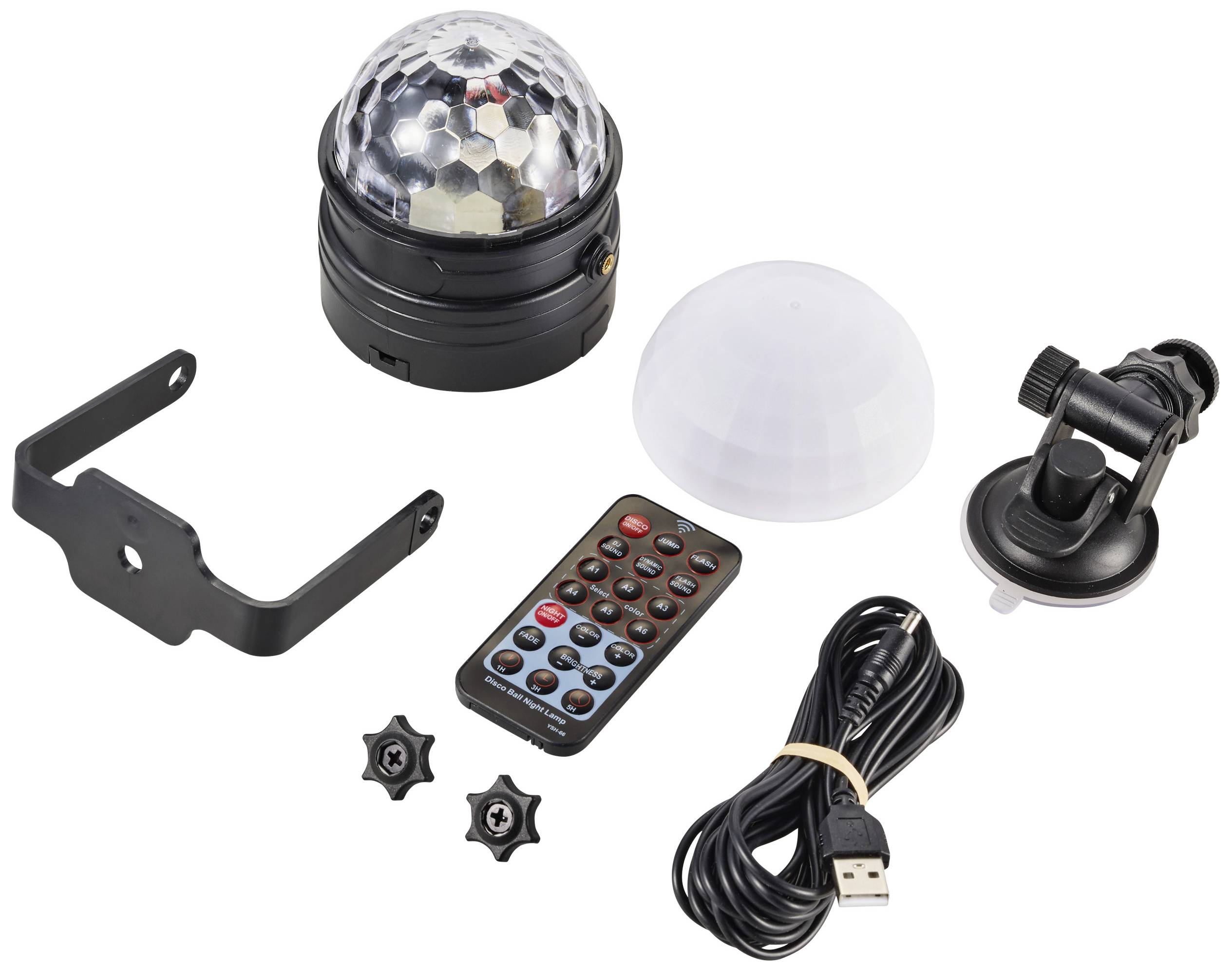 Teile eines LED-Discokugel-Sets: Glaskugel, Halterungen, Fernbedienung, USB-Kabel. Nutzung: Partybeleuchtung.