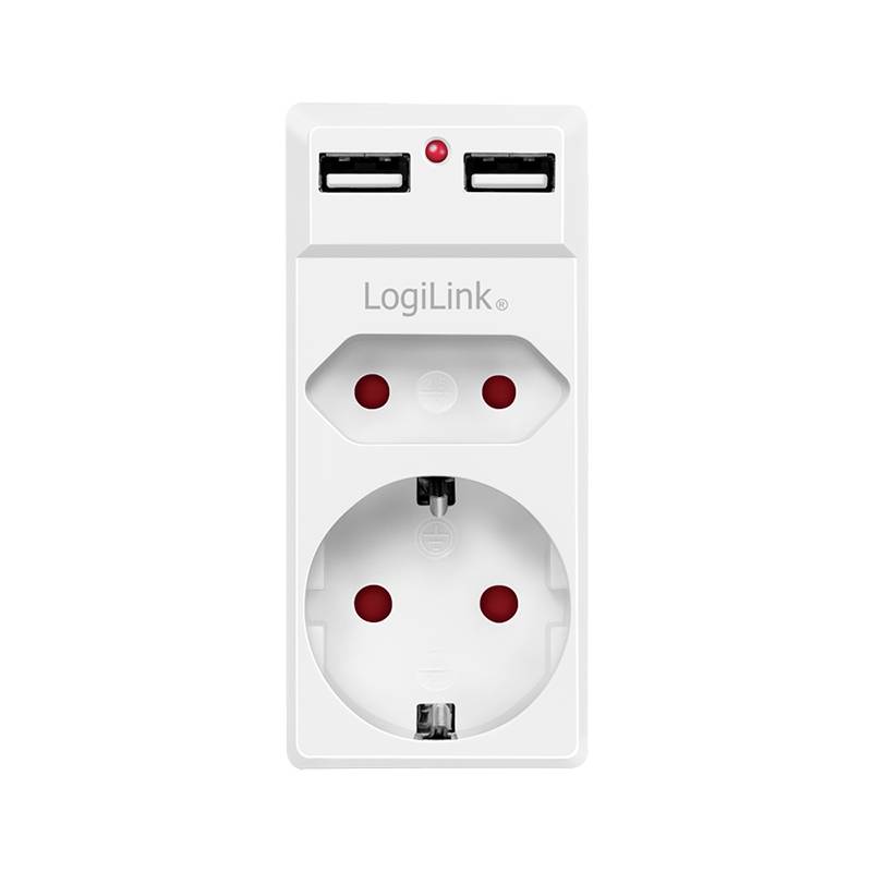 Eine weiße Steckdose der Marke 'LogiLink' mit zwei USB-Anschlüssen oben und einem Schuko-Steckplatz unten.