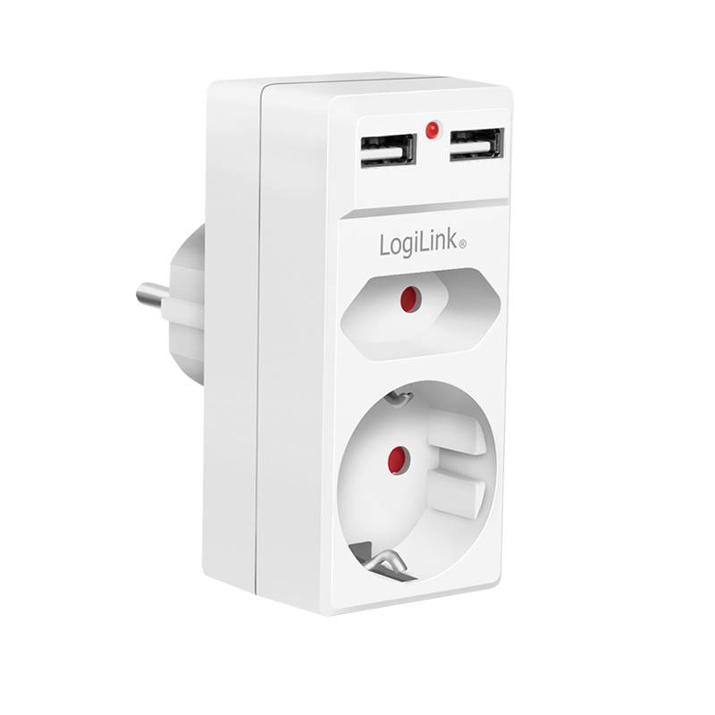 Ein weißer Steckdosenadapter mit zwei USB-Anschlüssen und einer Steckdose; geeignet zum gleichzeitigen Laden mehrerer Geräte.