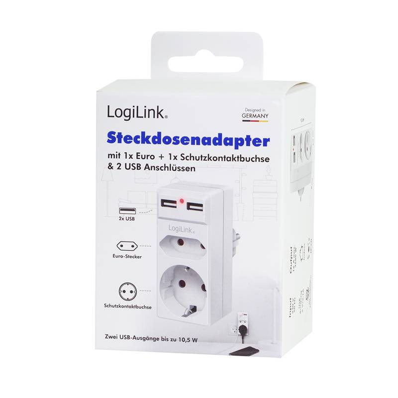 'Steckdosenadapter von LogiLink mit 1x Euro- und 1x Schutzkontaktbuchse sowie 2 USB-Anschlüssen. Zwei USB-Ausgänge bis zu 10,5 W.'