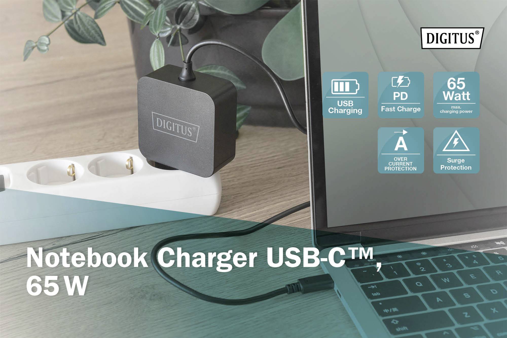 'Notebook Charger USB-C™, 65 W' verbindet Laptop mit Ladegerät. Auf dem Bildschirm: USB-Charging, PD-Fast-Charge, Surge-Protection-Symbole.