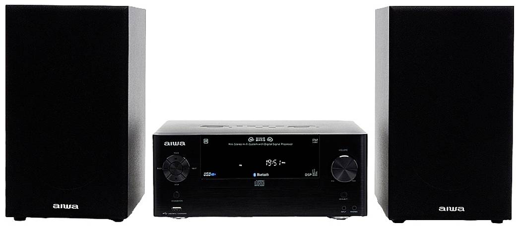 Stereoanlage mit zwei schwarzen Lautsprechern und einem zentralen Verstärker, der Bluetooth anzeigt. Markenname 'Aiwa'.