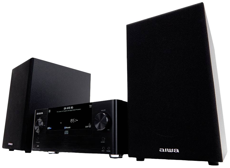 Schwarze AIWA-Stereoanlage mit zwei Lautsprechern, digitalem Display und verschiedenen Anschlüssen. Ideal für Musikliebhaber.