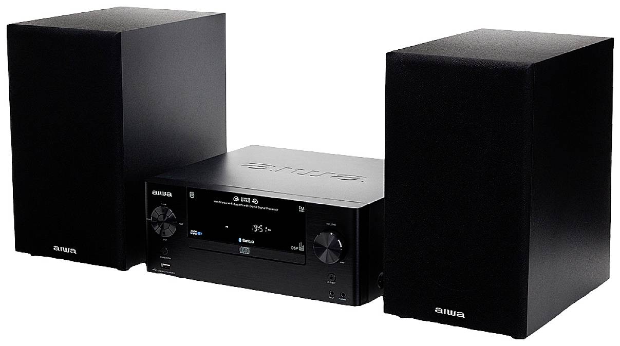 'Stereoanlage mit zwei schwarzen Lautsprechern und zentralem Verstärker mit Display und Knöpfen. Marke: Aiwa.'
