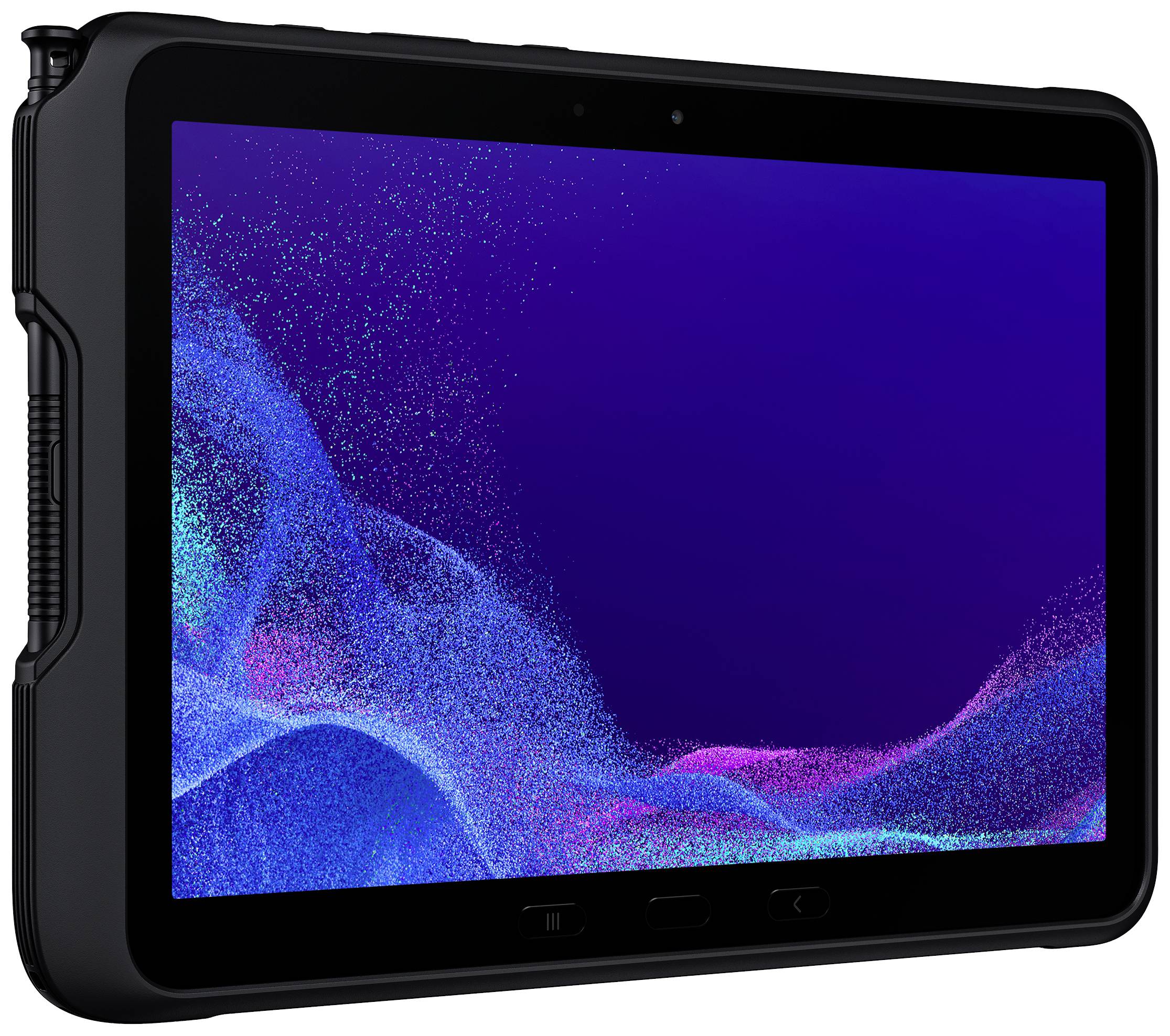 Tablet mit schwarzem Rahmen, blauer Bildschirm mit violetten und blauen Pixeln, keine sichtbaren Apps oder Symbole.