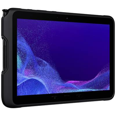 Tablet mit schwarzem Rahmen, blauer Bildschirm mit violetten und blauen Pixeln, keine sichtbaren Apps oder Symbole.