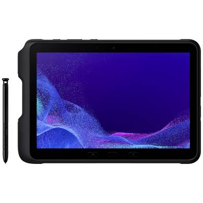 Tablet mit schwarzem Rahmen und abnehmbarer Eingabestift links. Der Bildschirm zeigt ein abstraktes blau-violettes Muster.