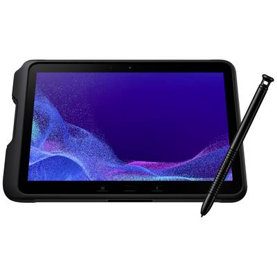 Ein schwarzes Tablet mit abnehmbarem Stift. Auf dem Bildschirm sind bunte, abstrakte Wellen auf dunkelblauem Hintergrund zu sehen.