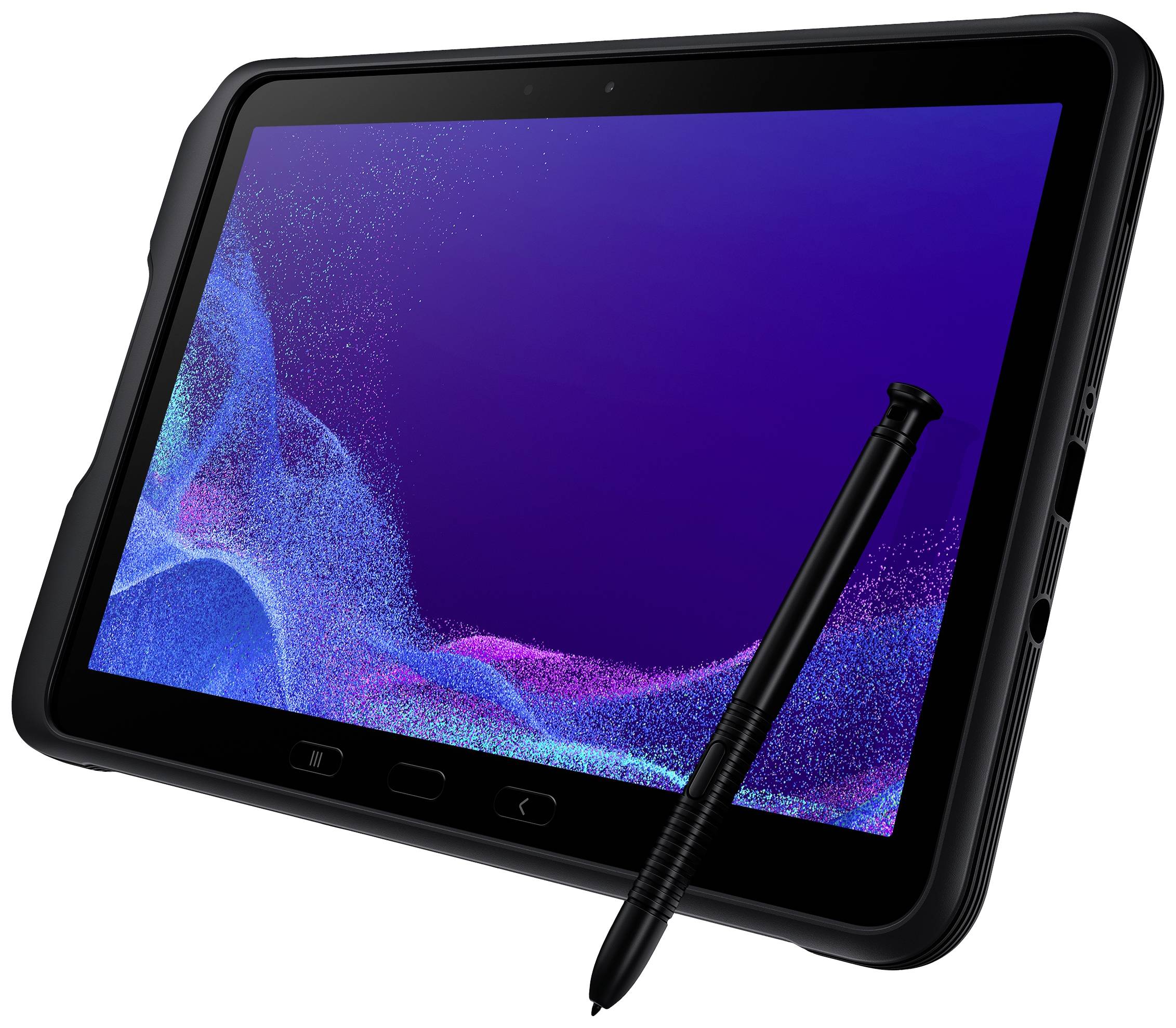 Ein robustes Tablet mit einem Stift auf einem lila Hintergrund angezeigt, geeignet für den professionellen Einsatz unterwegs.