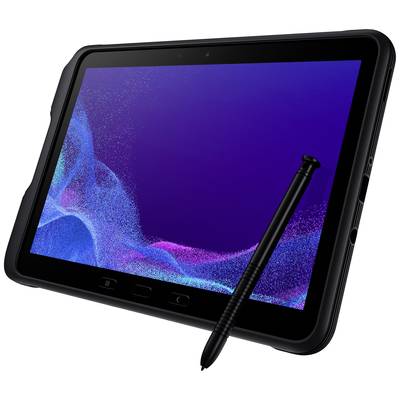 Ein robustes Tablet mit einem Stift auf einem lila Hintergrund angezeigt, geeignet für den professionellen Einsatz unterwegs.