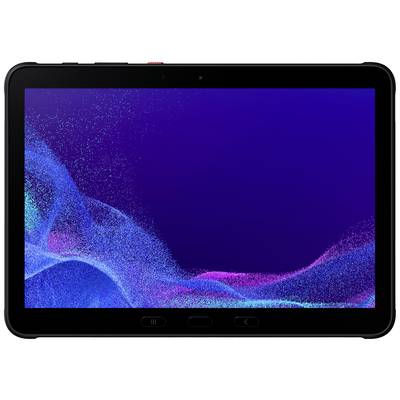 Das Bild zeigt ein Tablet mit einem dunklen Bildschirm, umgeben von einem stabilen Rahmen. Auf dem Bildschirm sind blaue und lila Wellenmuster sichtbar.