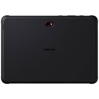 Schwarze Rückseite eines Samsung-Tablets mit Kamera oben und zentralem Markenlogo.