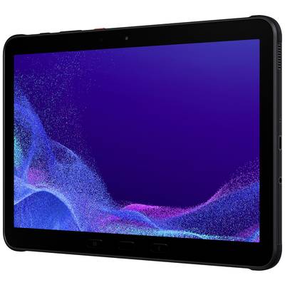 Ein schwarzes Tablet mit blauem und rosa Bildschirmhintergrund. Es hat einen breiten Rahmen und Tasten an der Vorderseite.