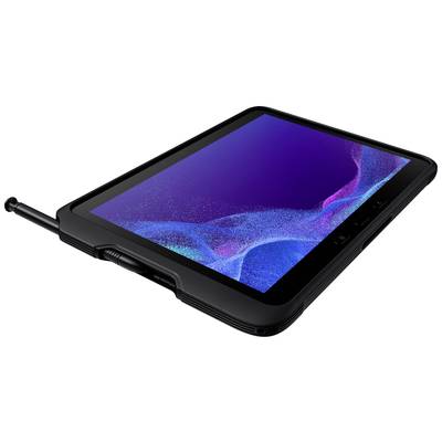 Tablet mit robustem Gehäuse, leicht geneigt. Ein Stift steckt seitlich. Der Bildschirm zeigt ein abstraktes blau-violettes Muster.