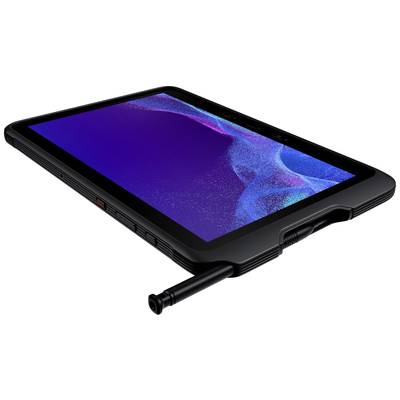 Ein robustes Tablet mit schwarzem Gehäuse und stylus hervorstehend, zeigt einen leuchtenden Bildschirm mit blauen und lila Farbmustern.