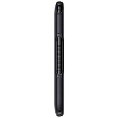 Ein schwarzes, schlankes technisches Bauteil mit gerillter Mitte und abgerundeten Kanten.