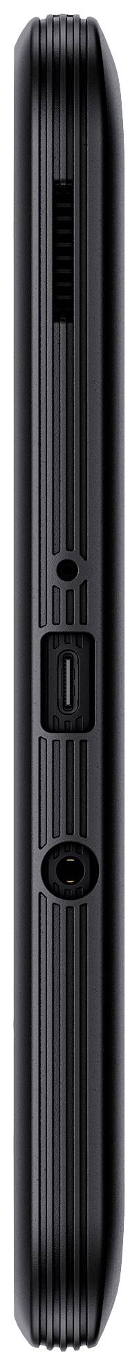 Eine seitliche Ansicht eines schwarzen, schmalen elektronischen Geräts, möglicherweise ein Smartphone, mit sichtbarer Taste und Anschluss.