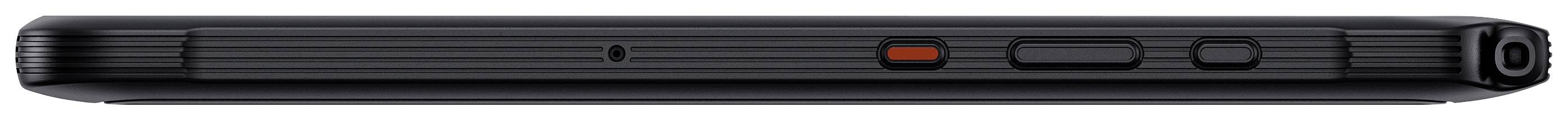 Seitenansicht eines schwarzen elektronischen Geräts mit mehreren Knöpfen, darunter ein orangefarbener Knopf in der Mitte.