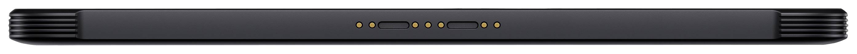 Schwarzer Soundbar mit einem schlichten, modernen Design, zentral angeordnet emittieren fünf kleine Lichter ein weiches, warmes Leuchten.