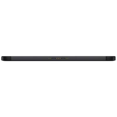 Schwarzer Soundbar mit einem schlichten, modernen Design, zentral angeordnet emittieren fünf kleine Lichter ein weiches, warmes Leuchten.