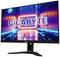 Monitor von GIGABYTE mit leuchtendem, futuristischem Design auf dem Bildschirm. Hauptsächlich in Neonfarben gehalten.
