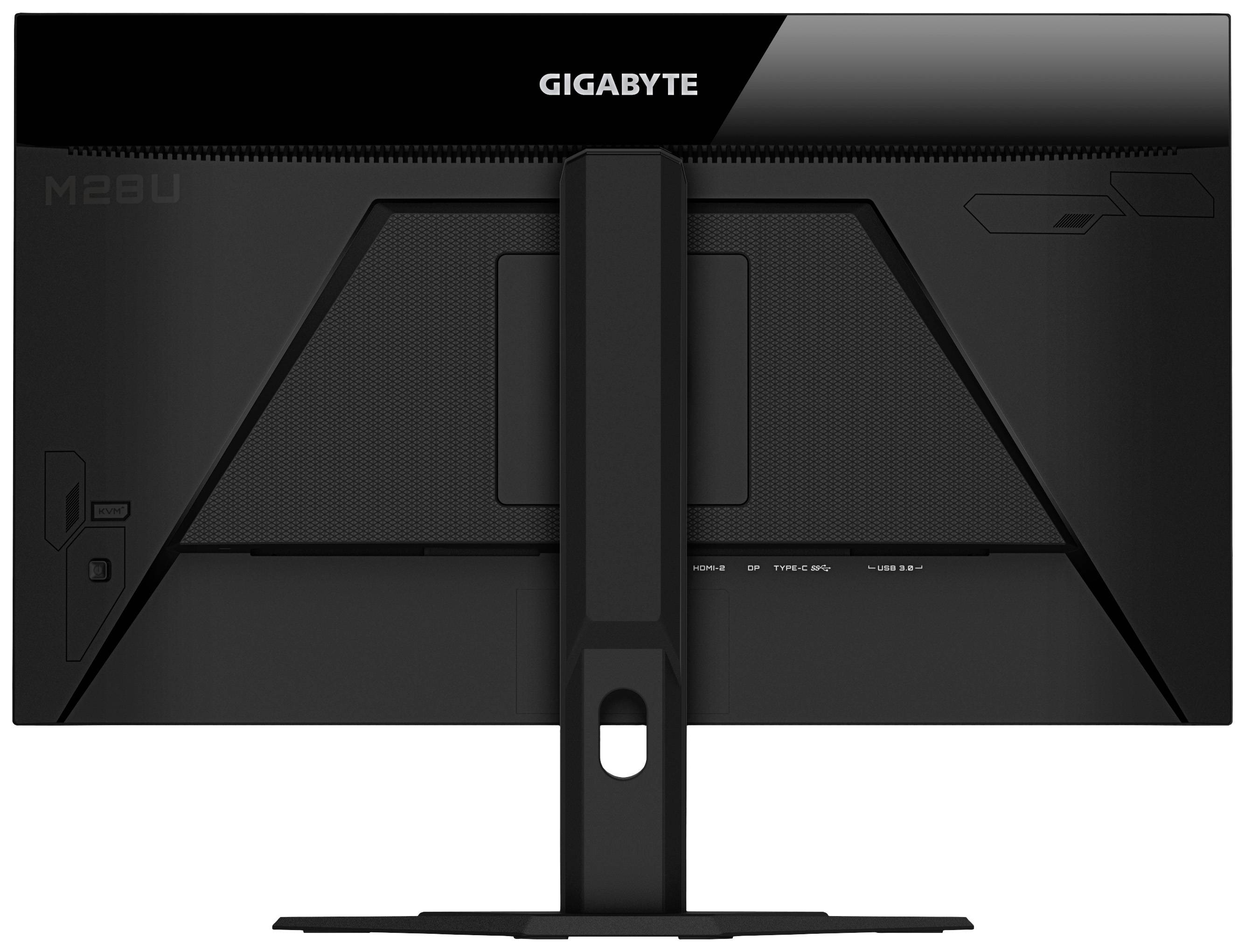 'Gigabyte M28U' Monitor von hinten, zeigt den Standfuß und Anschlüsse. Schwarzes Gehäuse mit Markenlogo oben in der Mitte.